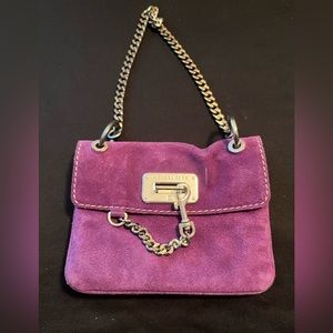 Michael Kors, purple suede, small shoulder bag with latch and metal chain strap